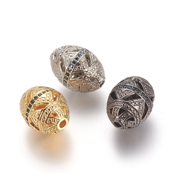 Brass Micro Pave Black Cubic Zirconia Beads, Long-Lasting Plated, Hollow, Rice