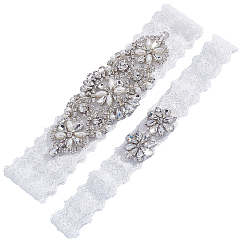 Jarretelles de mariée élastiques en dentelle, motif de fleur, accessoires de vêtement de mariage, avec perles d'imitation et strass