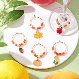 5 шт. 5 стили День благодарения сплав эмаль и стекло семена лист тыква яблоко бокал украшения, с латунными кольцами, золотое и светлое золото