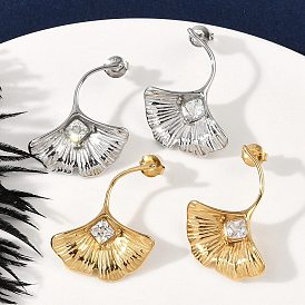 304 Серьги-гвоздики из нержавеющей стали с прозрачным фианитом и микропаве, гинкго лист
