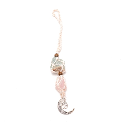 Natural Rose Quartz & Green Aventurine Pendant Decorations, with Cotton Rope and Alloy Pendants, Wood Beads, Moon & Tree