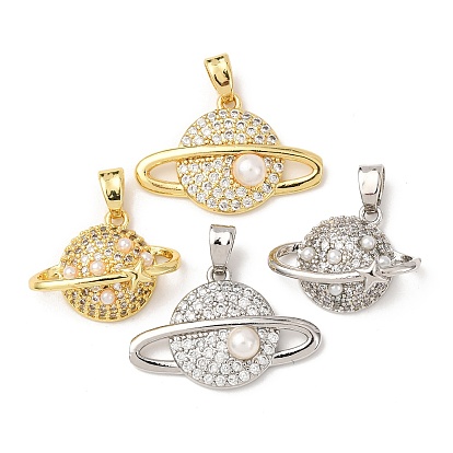 Латунные микро проложить кубического циркония подвески, с пластиковыми бусинами, имитирующими жемчуг, планета, стойки покрытие, долговечный, без свинца и без кадмия