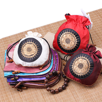Chinese Style Brocade Good Luck Fortune Drawstring Gift Blessing Bags, Jewelry Storage Pouches for Wedding Party Candy Packaging, Flower Pattern