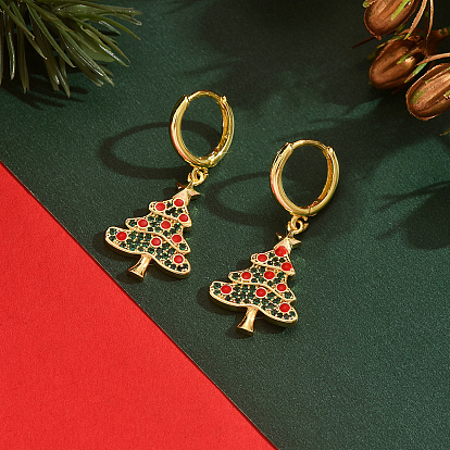 Серьги-кольца в форме елки из латуни, с кубического циркония, с эмалью