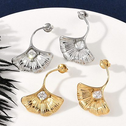 304 Серьги-гвоздики из нержавеющей стали с прозрачным фианитом и микропаве, гинкго лист