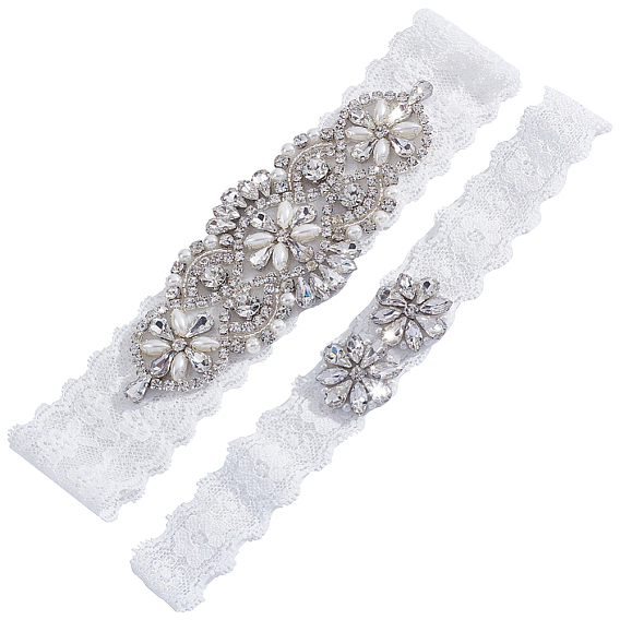 Lace Elastic Bridal Garters, Flower Pattern, Wedding Garment Accessories, with Imitation Pearl Beads & Rhinestone