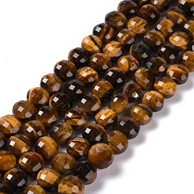 Natural Tiger Eye Beads Strands, Faceted, Flat Round