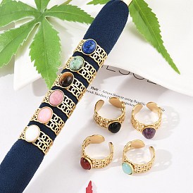 304 манжетные кольца из нержавеющей стали с широкими отверстиями, овальное кольцо с натуральным драгоценным камнем для женщин, реальный 18 k позолоченный, ионное покрытие (ip)