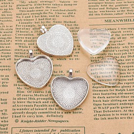 Tibetan Style Pendant Cabochons Settings, with Transparent Glass Heart Cabochons
