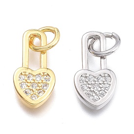 Brass Micro Pave Cubic Zirconia Pendants, with Jump Ring, Heart Lock, Clear