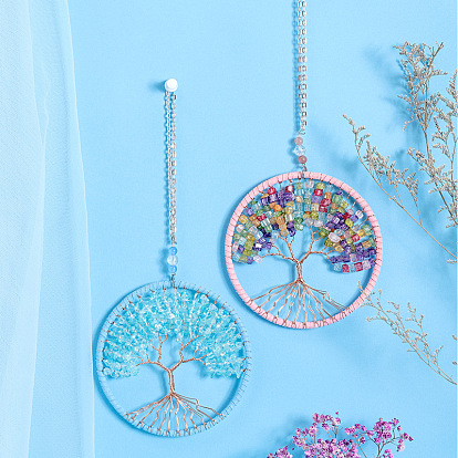 Wire Wrapped Chips Dyed Glass Big Pendant Decorations, with Iron Chains and Imitation Leather Rope, Flat Round with Tree of Life
