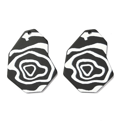 Opaque Acrylic Pendants, Black & White, Polygon with Flower