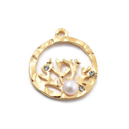 304 кулон из нержавеющей стали, с горный хрусталь и имитация жемчуга абс, вакуумное покрытие pvd, плоская круглая коралловая форма