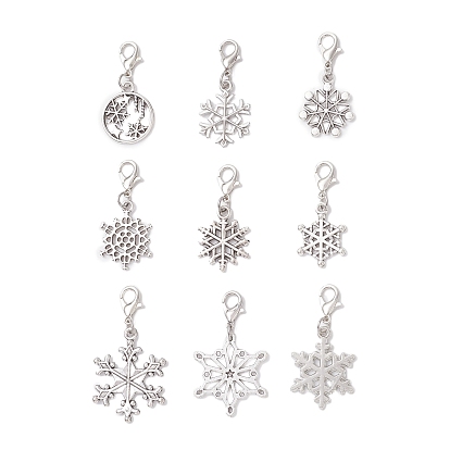 9 шт. рождественские подвесные украшения в виде снежинок из сплава, Сплав с застежками когтя омара