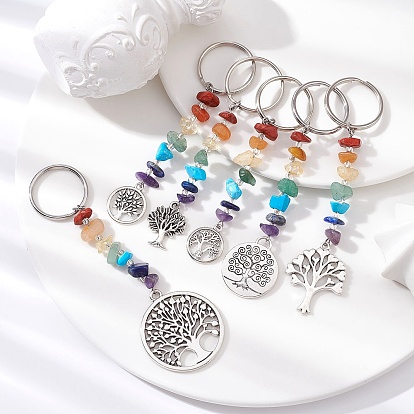 6Pcs Tibetan Style Alloy Tree of Life Keychains, with Chakra Gemstone Chips and Iron Split Key Rings