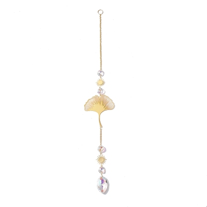 Hanging Suncatcher, Iron & Faceted Glass Pendant Decorations, with Jump Ring, Ginkgo Leaf