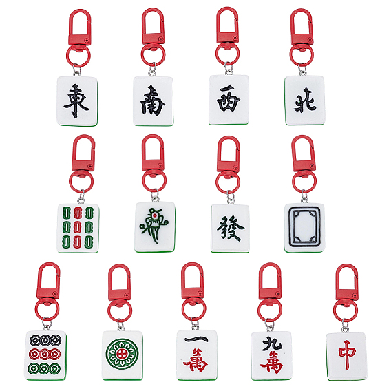 13Pcs Mahjong Resin Pendant Decorations, with Alloy Swivel Clasps