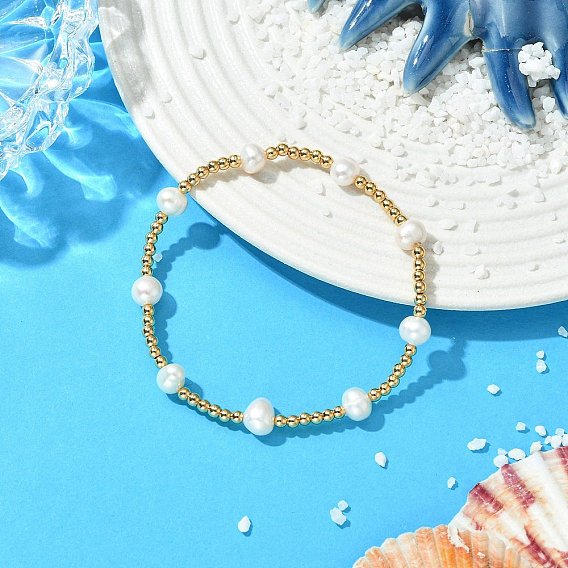 Эластичные браслеты из латуни и натурального культивированного пресноводного жемчуга для женщин., круглый и картофельный