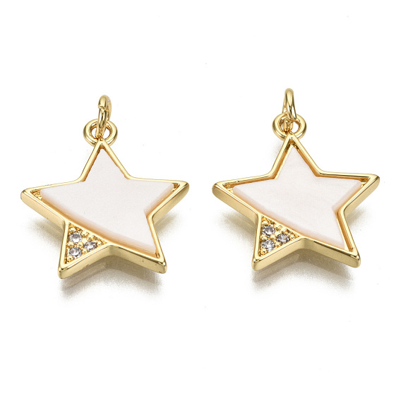 Brass Micro Pave Clear Cubic Zirconia Pendants, with Natural Shell and Jump Rings, Nickel Free, Star, Creamy White