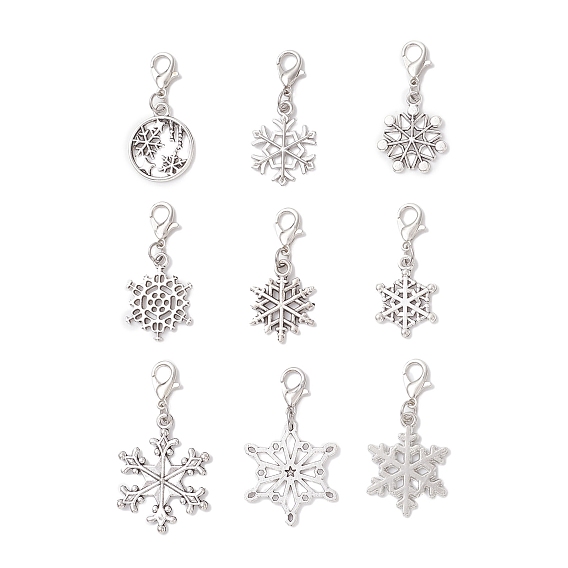 9 шт. рождественские подвесные украшения в виде снежинок из сплава, Сплав с застежками когтя омара