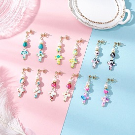 304 серьги-гвоздики из нержавеющей стали с синтетической бирюзой, крестик, золотые