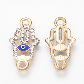 Alloy Rhinestone Links Connectors, Enamel Style, Hamsa Hand/Hand of Fatima/Hand of Miriam with Evil Eye, Blue