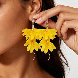 Alliage strass boucles d'oreille, fleur, boucles d'oreilles pendantes en tissu pour femmes, or