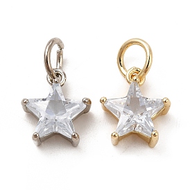 Rack Plating Brass Clear Cubic Zirconia Pendants, Long-Lasting Plated, Cadmium Free & Lead Free, with Jump Ring, Star Charm