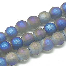  Electroplate Glass Beads Strands, Frosted Style, Faceted Round
