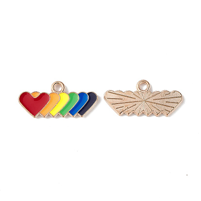 Rainbow Color Pride Alloy Enamel Pendants, Heart Charms, Light Gold