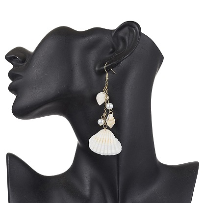 Bohemian Style Natural Shell Dangle Earrings with Glass Pearl Beads, 304 Stainless Steel Long Drop Earrings