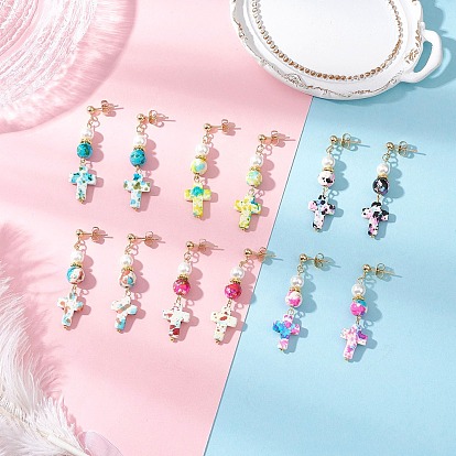 304 серьги-гвоздики из нержавеющей стали с синтетической бирюзой, крестик, золотые