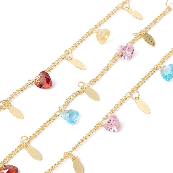 Handmade Cubic Zirconia Heart & Brass Leaf Charms Chain, with Curb Chains, Real 18K Gold Plated, Lead Free & Cadmium Free, Soldered, with Spool