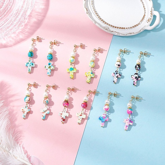 304 серьги-гвоздики из нержавеющей стали с синтетической бирюзой, крестик, золотые