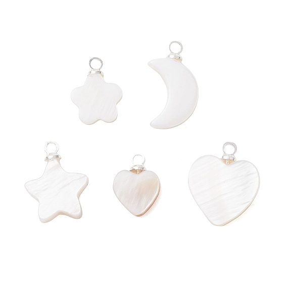 Подвески в виде цветов, звезд и сердец из натуральных пресноводных ракушек с латунными креплениями., серебряный цвет гальваническим, цвет морской раковины