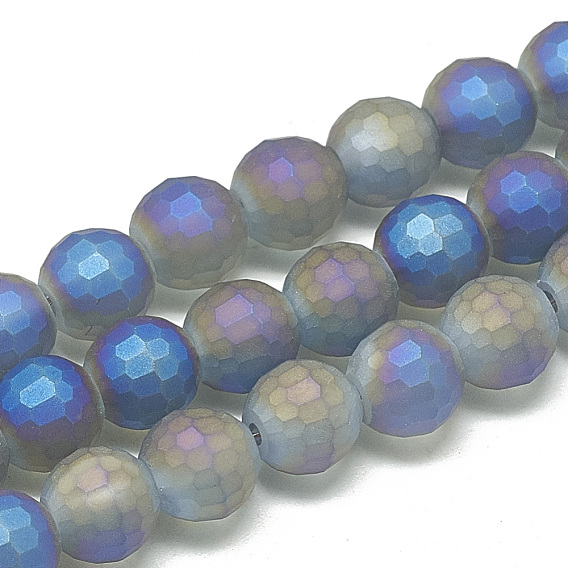 Electroplate Glass Beads Strands, Frosted Style, Faceted(96 Facets) Round