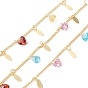 Handmade Cubic Zirconia Heart & Brass Leaf Charms Chain, with Curb Chains, Real 18K Gold Plated, Lead Free & Cadmium Free, Soldered, with Spool