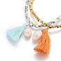 Brass Beads Stretch Bracelets, with Cotton Thread Tassel Pendant and Cowrie Shell