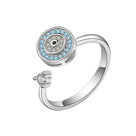 Evil Eye Adjustable Opening Brass Cubic Zirconia Ring, Cuff Rings, Rotating Ring