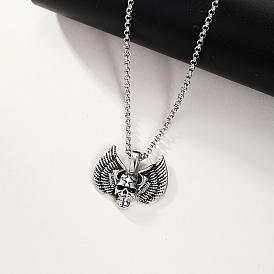 Stainless Steel Skull Angel Pendant Necklace Men's Halloween Accessory