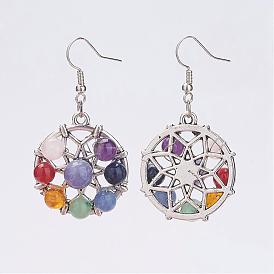 Alloy Dangle Earrings, with Gemstone Beads and Brass Earring Hooks, Antique Silver and Platinum, Flat Round