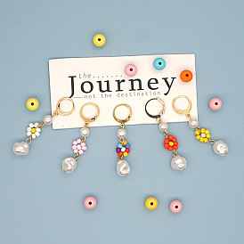 Bohemian Style Colorful Flower Earrings with Unique Bone and Imitation Pearl Design