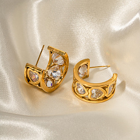 18k Gold Plated Stainless Steel C-shaped Earrings with White Diamond - Fashionable Design