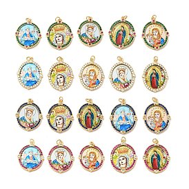 Brass Micro Pave Cubic Zirconia Pendants, with Jump Ring and Glass, Real 18K Gold Plated, Oval with Virgin Mary