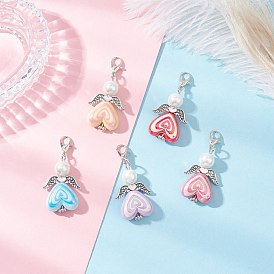 50шт. акриловые и стеклянные подвески в виде сердца-ангела, с крыльями из сплава и застежками-клешнями, старинное серебро и платина