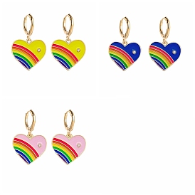 Rainbow Color Pride Flag Enamel Heart Dangle Hoop Earrings with Rhinestone, Light Gold Alloy Jewelry for Women