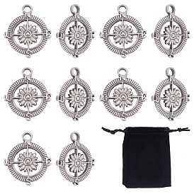 304 Stainless Steel Pendants, Flat Round with Compass