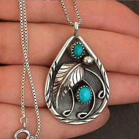 Bohemian Vintage Pendant Necklace with Turquoise Feather Pendant - Summer Style