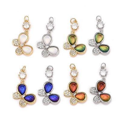 Brass Micro Pave Clear Cubic Zirconia Pendants, with Brass Loops & Glass, Cadmium Free & Nickel Free & Lead Free, Butterfly, Real 18K Gold & Real Platinum