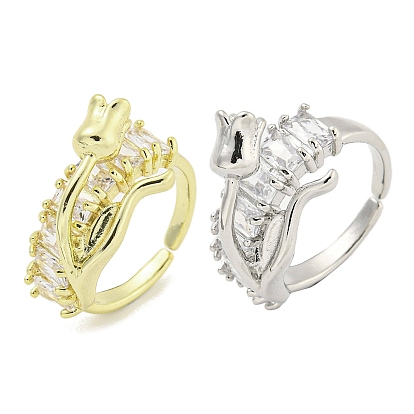 Brass Micro Pave Clear Cubic Zirconia Cuff Ring, Flower Open Ring for Women, Cadmium Free & Lead Free
